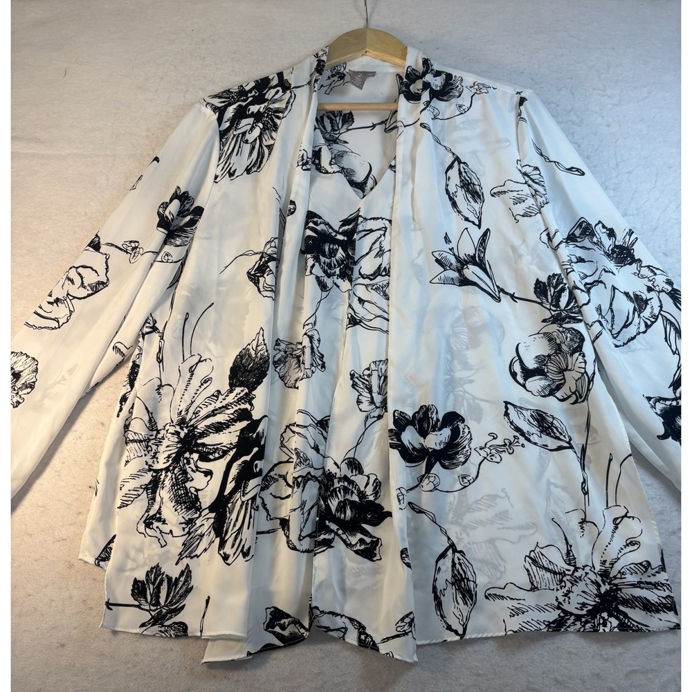 Chico's Floral Scarf Front Pullover Blouse Bloom Sketch Sz 2 Large Black & White